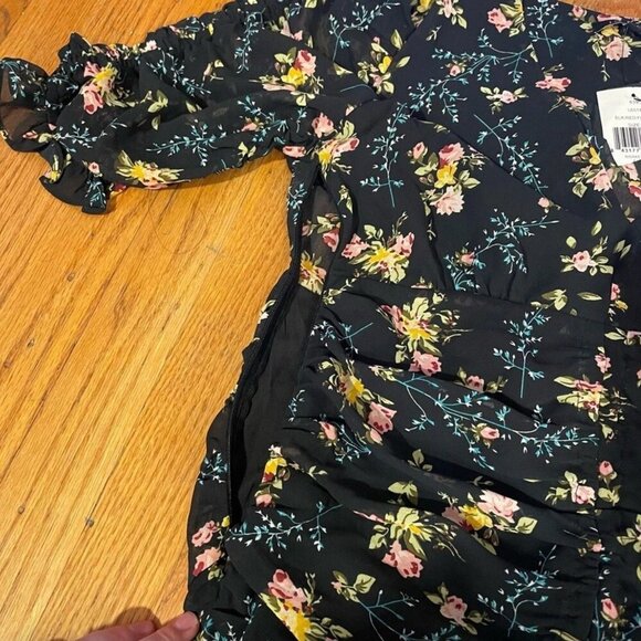 NEW NWT LEA VIOLA Shirred Floral Mini Dress Black Pink Multi Ruched Bodycon S - Picture 16 of 16